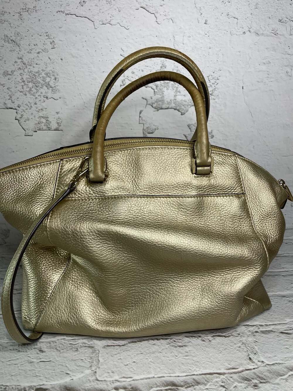 Michael Kors Riley Large Gold Metallic Pebbled Leather Satchel Crossbody Bag - Picture 6 of 6